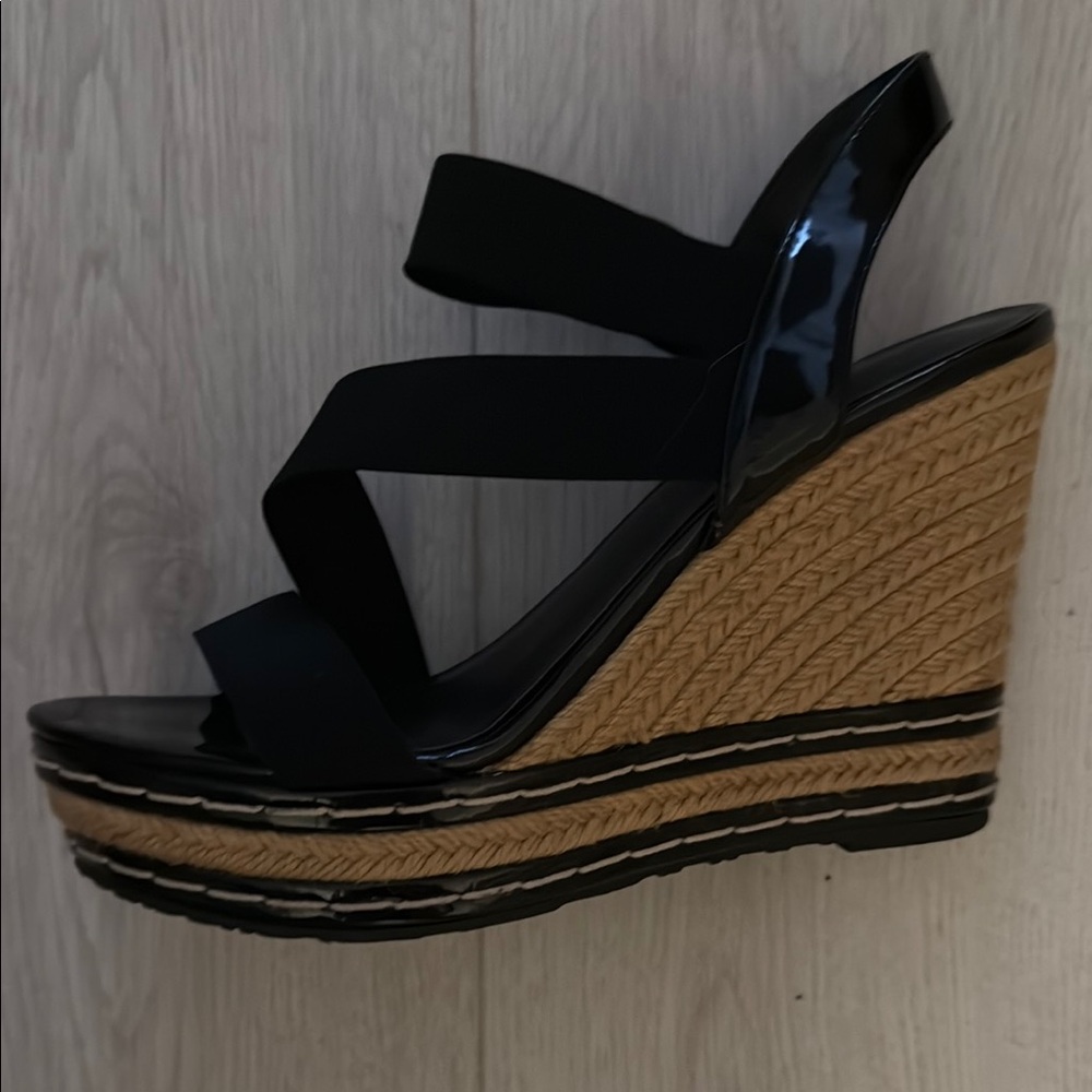 Black Patent and Tan Rattan Wedge Sandals-Your Spring’s Bestie!